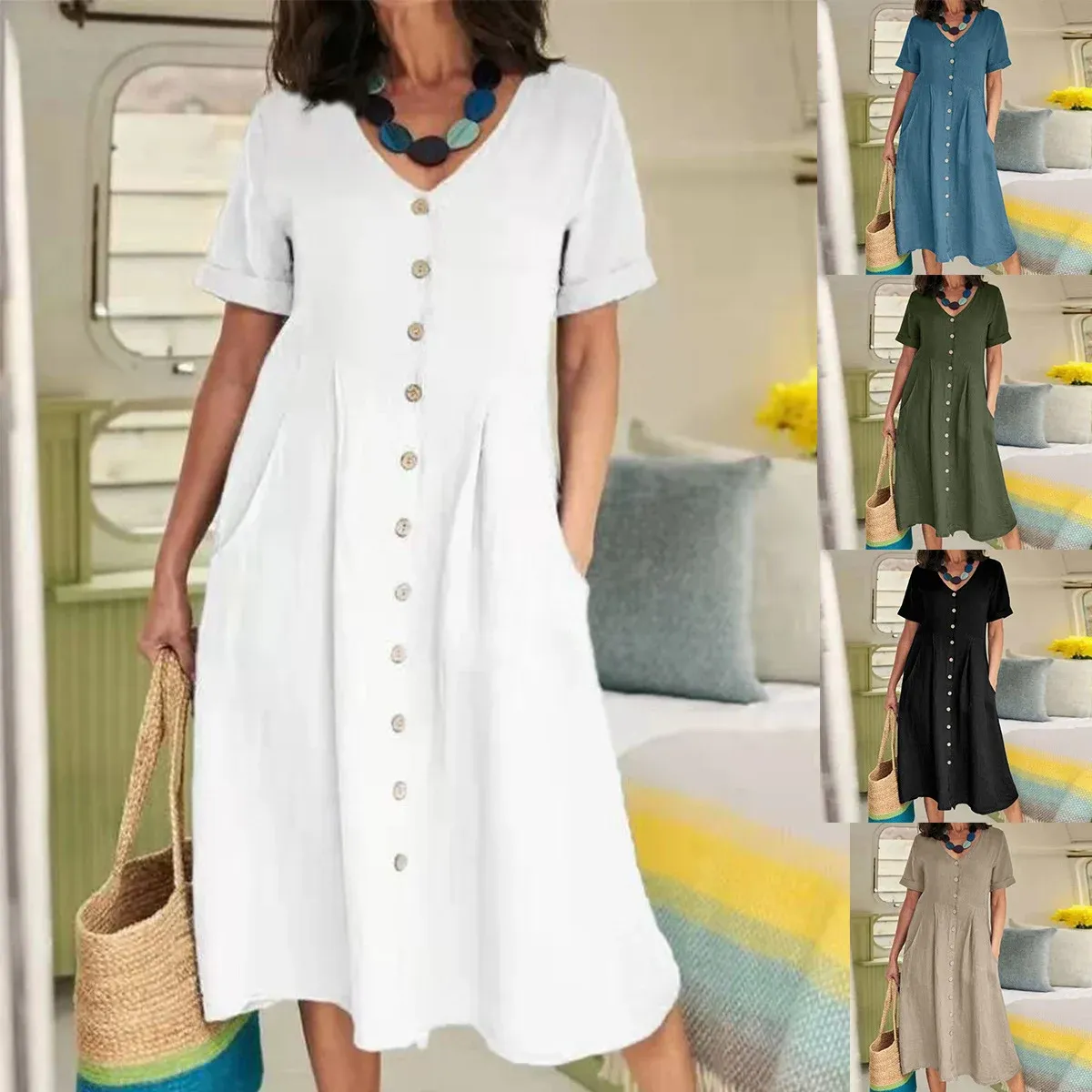 New solid color loose cotton linen dress